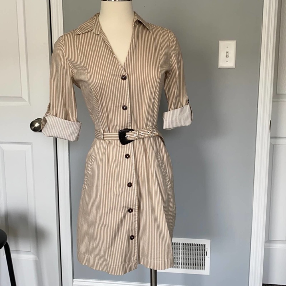 Mango tan striped button down dress w/ belt- NWT